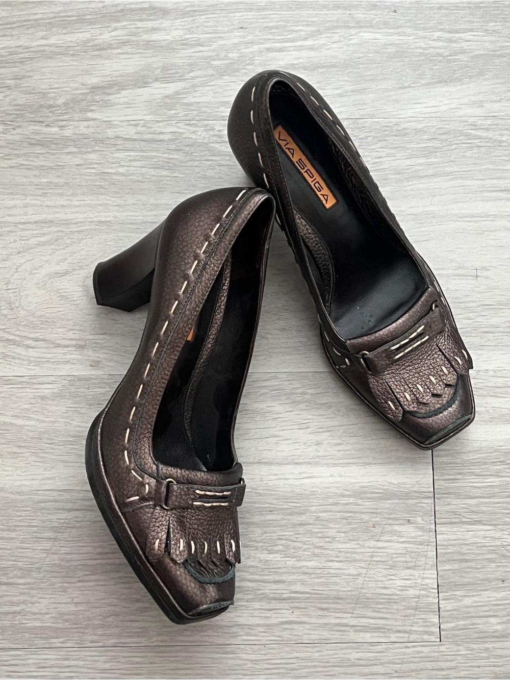 Via Spiga Bronze Leather Kiltie Loafer Pumps Block Heels Size 6